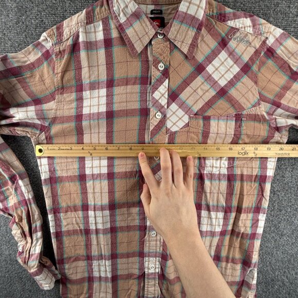 Quiksilver Beige Red Plaid Mid Medium Pocket Surf Mens Shirt Long Sleeve Flannel - Picture 6 of 12